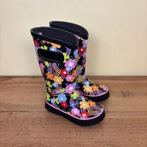 BOGS Rainbow Flower Rain Boot Black Multi Kids Size 11 Rubber Waterproof Printed